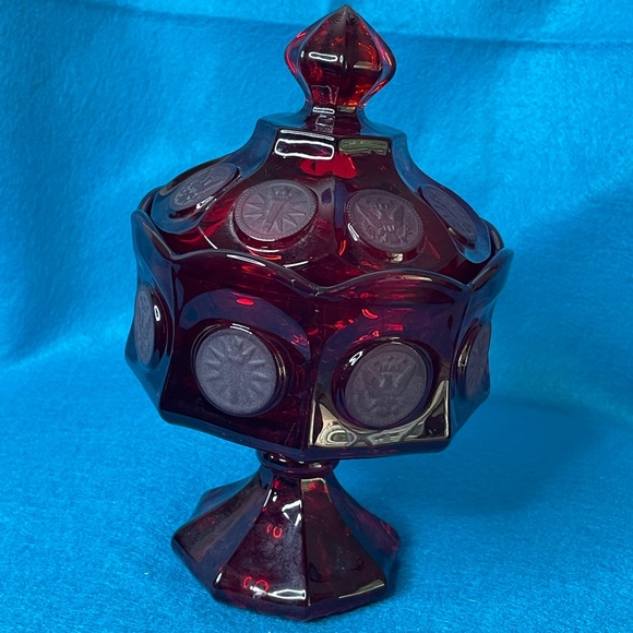 Vintage Fostoria Ruby Red Glass Coin Covered Wedding Bowl/Candy Dish w/Lid. - Picture 6 of 13